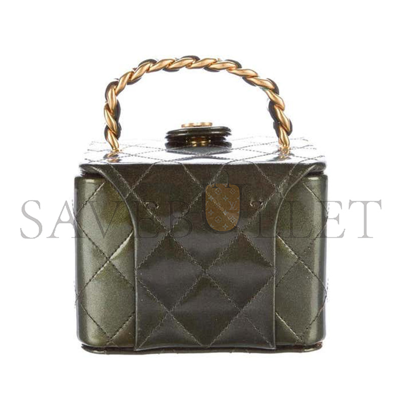 Ch**el vanity case micro mini 90s vintage iridescent rare green patent clutch (11*10*8cm)